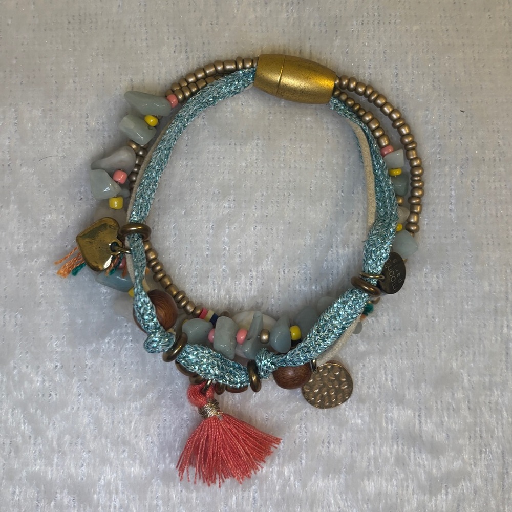 🩵 MOON C PARIS 4 STRAND BRACELET BEAD WOOD STONE GOLD METAL MAGNETIC CLASP 🩵